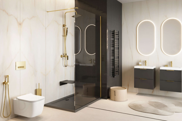EXCELLENT Vidoq walk-in ścianka prysznicowa prosta 90x200 cm, powłoka Clean Control, złoty połysk KAEX.1506.900.LP.GL