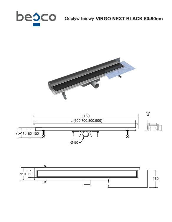 BESCO Odpływ liniowy Virgo Next Black 70cm OL-70-VNB