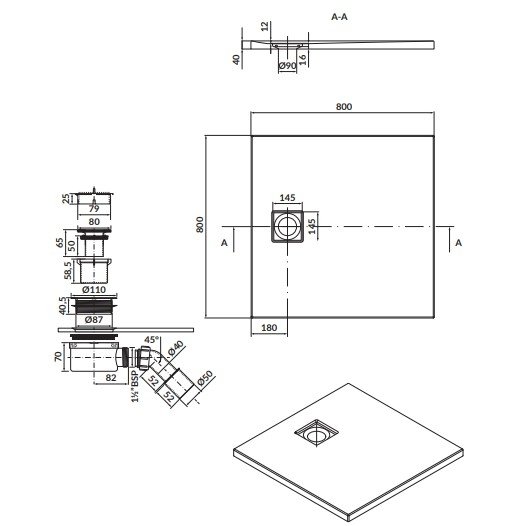 CERSANIT - brodzik kwadratowy TAKO Slim 80 x 4 biały mat + syfon  S932-157