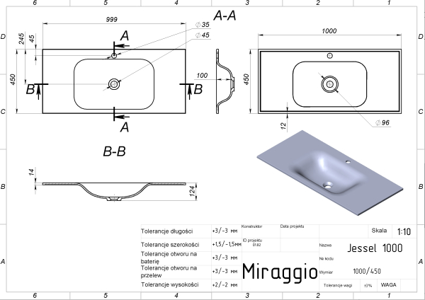 MIRAGGIO Umywalka JESSEL 100x45cm 0000796