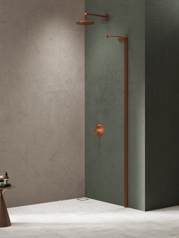 NEW TRENDY Kabina prysznicowa NESTA COPPER BRUSHED WALK-IN U 120x200 szkło czyste 8mm Active Shield 2.0 - WSPORNIK KĄTOWY K-1751-WL