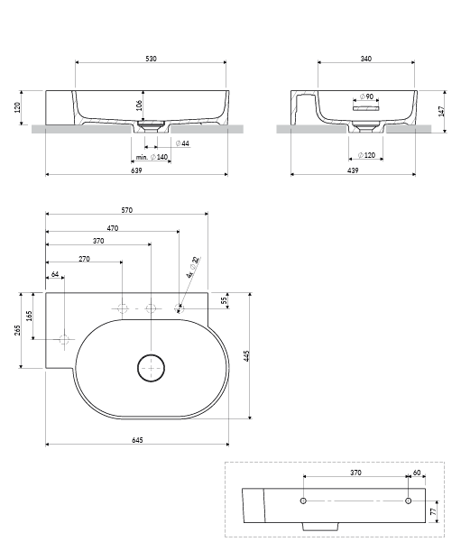 OMNIRES umywalka nablatowa/wisząca OVO M+ lewa, 64 x 44 cm ash grey mat OVO645UWLAG