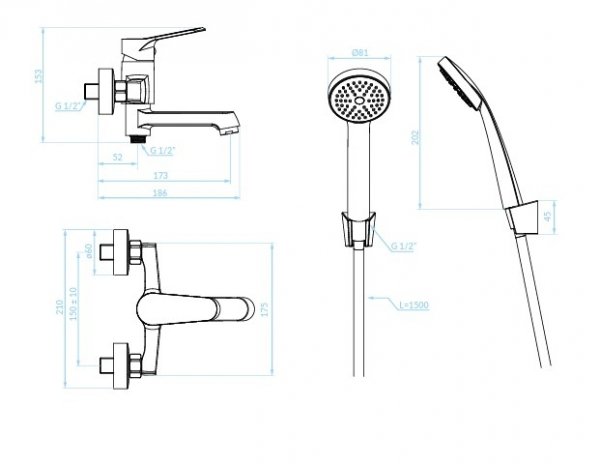 KUCHINOX - Bateria wannowa ATEZ ścienna z zestawem natryskowym Chrom  BTK_011D