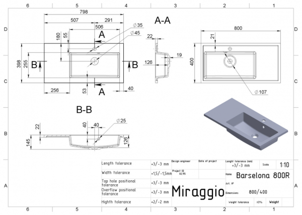 MIRAGGIO Umywalka BARCELONA 800R 0000487