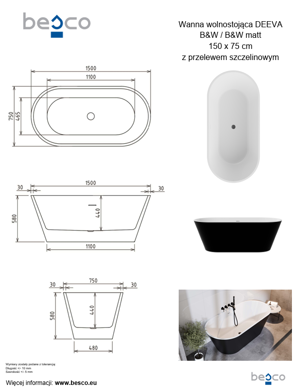 BESCO Wanna wolnostojąca Deeva B&amp;W 150 + maskownica odpływu złota #WWA-150-DBG