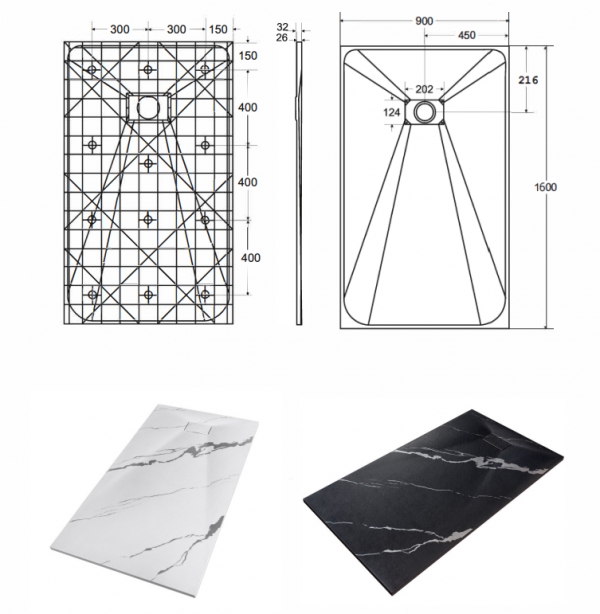 BESCO Brodzik prostokątny 160x90 Vexo Marble Black 160 VMB-160-90-P