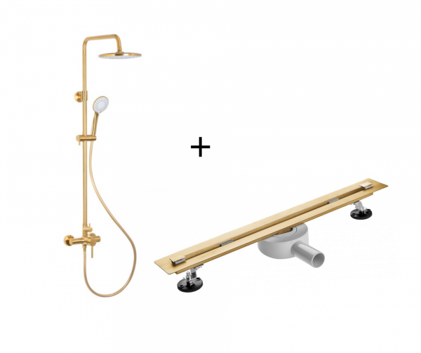 ARMATURA KRAKÓW KFA MOZA BRUSHED GOLD deszczownia z baterią natryskową 5036-910-31+ Odpływ liniowy 70cm złoty RSP01GL700