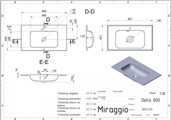 MIRAGGIO Umywalka DELLA 800 0000180