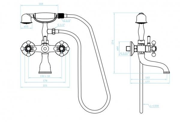 KUCHINOX - Bateria wannowa STILO ścienna z zestawem natryskowym Chrom  BKI_011D
