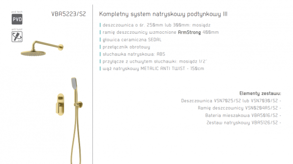 VEDO System natryskowy podtynkowy deszczownica 300mm III ALETTA SPAZZO złoto szczotkowane / Nr KAT: VBA5223/SZ