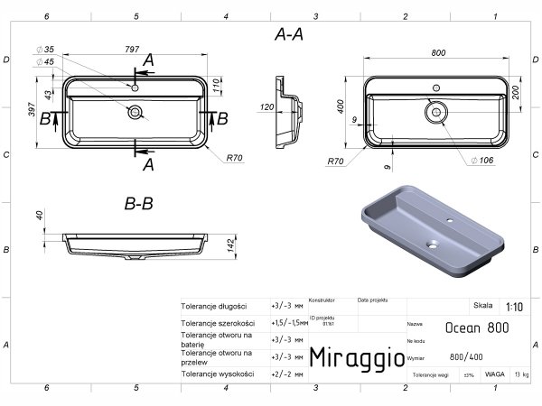 MIRAGGIO Umywalka OCEAN 800