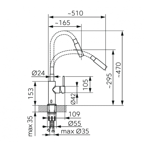 FERRO Bateria kuchenna DISTANZA bezdotykowa, wylewka elastyczna, aerator 2F, czarna BDZ4BBL