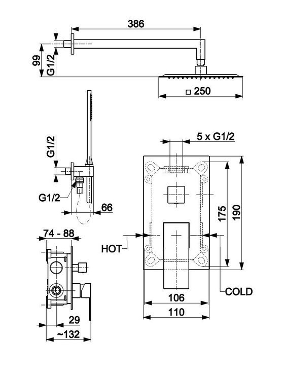 ARMATURA KRAKÓW KFA Zestaw natryskowy podtynkowy LOGON BLACK z baterią 3-funkcyjną  5139-501-81 + AQUALine - Odpływ liniowy posadzkowy czarny/black 2w1 pod płytkę 70cm L04BK700
