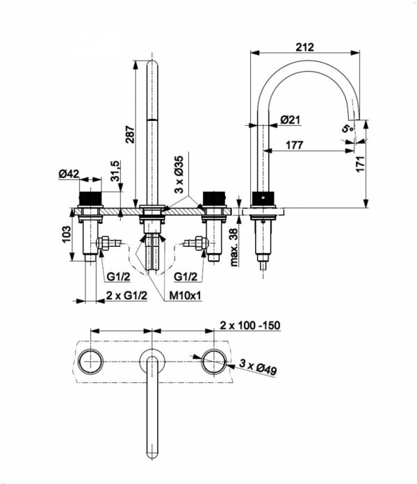 ARMATURA KRAKÓW KFA  bateria umywalkowa 3-otworowa MOZA 316L 5042-213-22