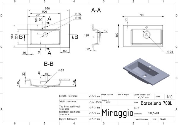 MIRAGGIO UMYWALKA BARCELONA 700L CZARNA 0001439