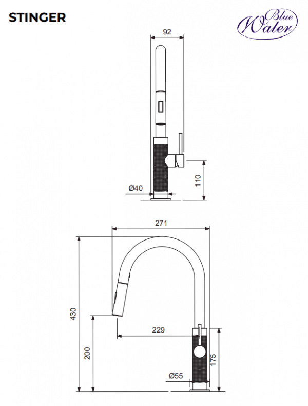 BLUE WATER Bateria kuchenna z wyciąganą wylewką Stinger kolor STALI (NIKIEL)