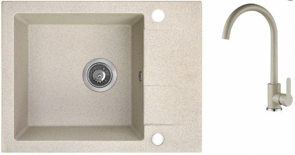 AQUAFORM - zlewozmywak granitowy MARANELLO 440 X 570 X 215 - 1 komora z 1/2 ociekacza, BEŻOWY + syfon oszczędzający miejsce z korkiem automatycznym + bateria stojąca z wylewką U  AQ.901-1012502