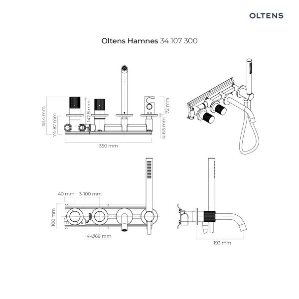 Oltens Hamnes bateria wannowo-prysznicowa podtynkowa 4-otworowa kompletna czarny mat 34107300