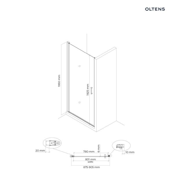 OLTENS Oltens Rinnan drzwi prysznicowe 90 cm wnękowe czarny mat/szkło przezroczyste 21208300
