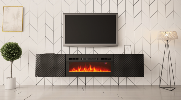 MEGSTYL SZAFKA RTV 180CM Z WKŁADEM KOMINKOWYM - czarny mat/połysk  CARBON 1