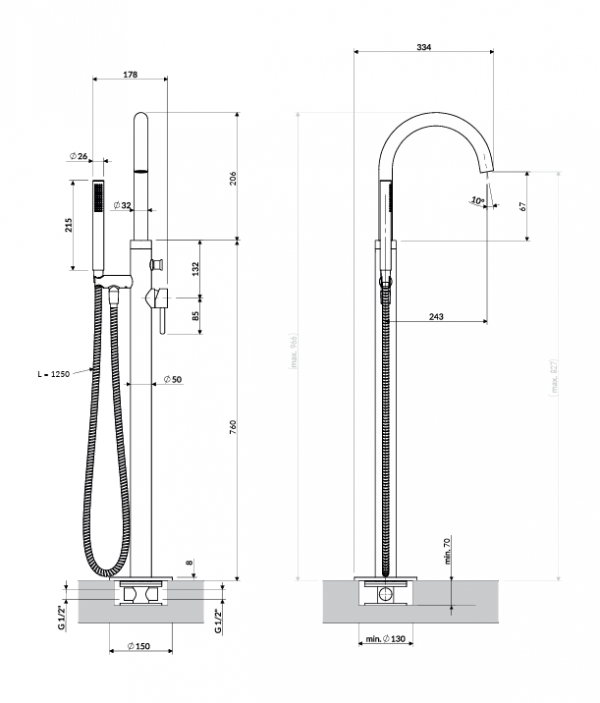 OMNIRES bateria wannowa wolnostojąca 96cm miedź połysk Y1233-SCP