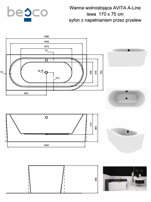 BESCO Wanna wolnostojąca Avita A-line 170 L + syfon z napełnieniem czarny #WAA-170ALCN