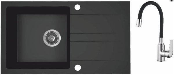 AQUAFORM - zlewozmywak granitowy MARANELLO 440 X 760 X 194 - 1 komora z ociekaczem, CZARNY MONO + syfon oszczędzający miejsce z korkiem automatycznym + bateria stojąca z wylewką elastyczną  AQ.901-1019505
