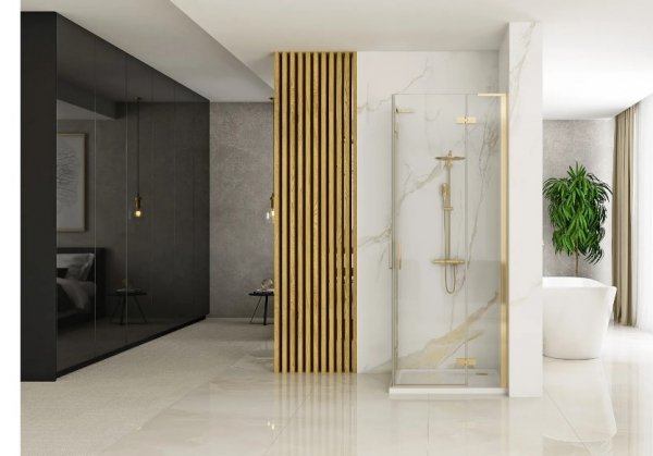 REA - Kabina narożna - drzwi podwójne prysznicowe składane, łamane HUGO DOUBLE 80x80 Gold / Złota 