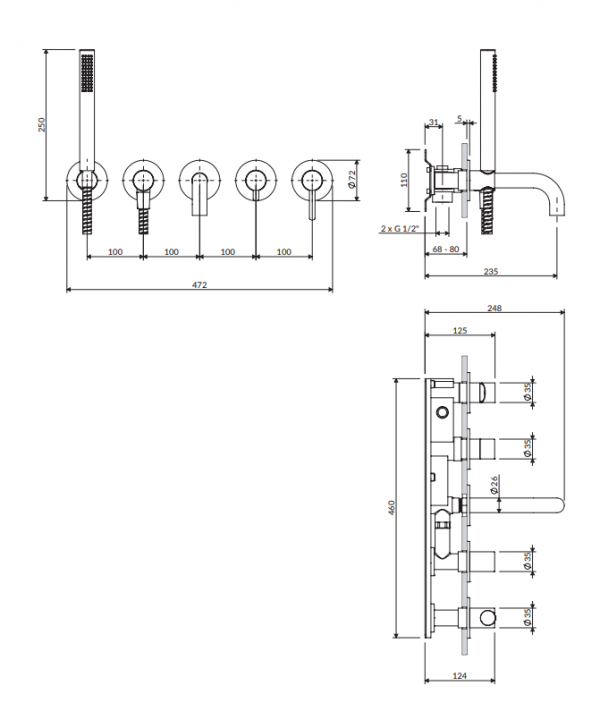 OMNIRES Bateria wannowa 5-otworowa podtynkowa grafit Y1237/1SGR