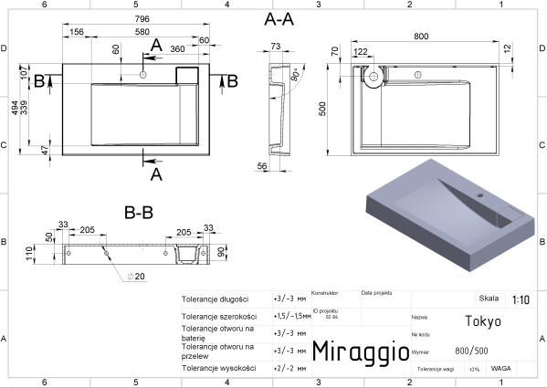 MIRAGGIO Umywalka na pralkę 80x50 TOKYO 0000583
