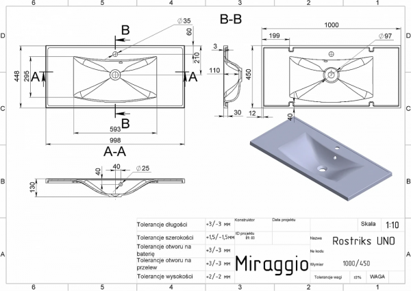MIRAGGIO Umywalka 100x45 ROSTRIKS UNO MATOWA 0001543