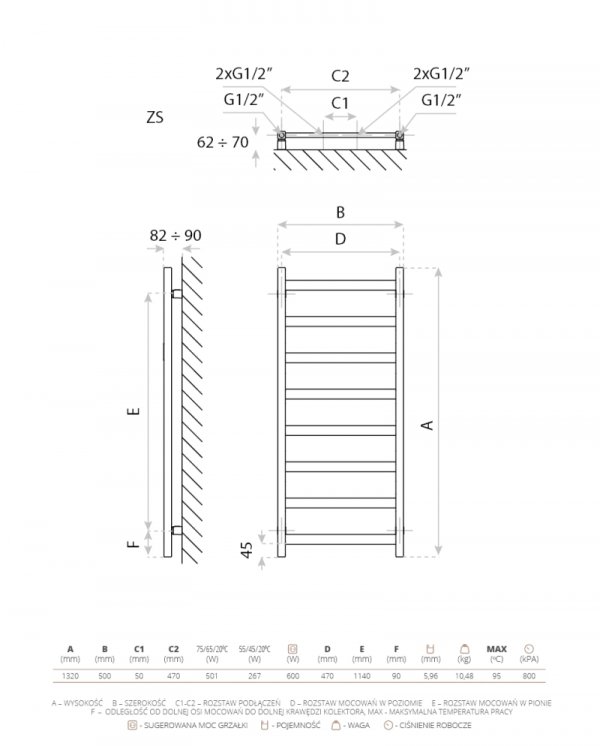 LAVITA Grzejnik łazienkowy elektryczny Lungo Black 1320 z grzałką Black