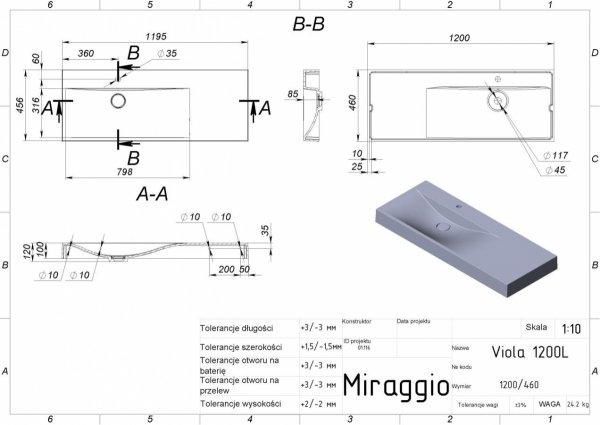 MIRAGGIO Umywalka VIOLA 1200 L (MATOWA) 0002661