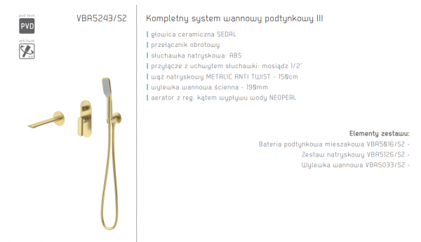 VEDO System wannowy podtynkowy III ALETTA SPAZZO /złoto szczotkowane Nr KAT: VBA5243/SZ