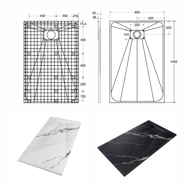 BESCO Brodzik prostokątny 140x90 Vexo Marble Black 140 VMB-140-90-P