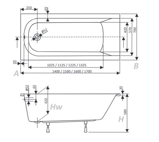 AQUAFORM - Wanna akrylowa prostokątna ARCLINE-2 biała 170x70x58 + stelaż  AQ.243-053130