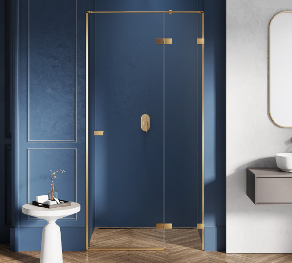 NEW TRENDY Drzwi wnękowe AVEXA GOLD BRUSHED 1D P 120x200 szkło czyste 6mm Active Shield 2.0 złoto szczotkowane EXK-1723