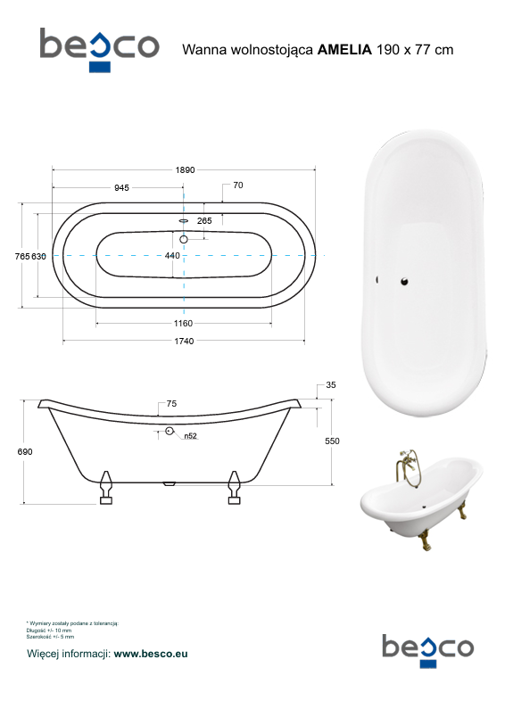 BESCO - Wanna wolnostojąca Amelia 190 nogi białe #WKA-190W+BI