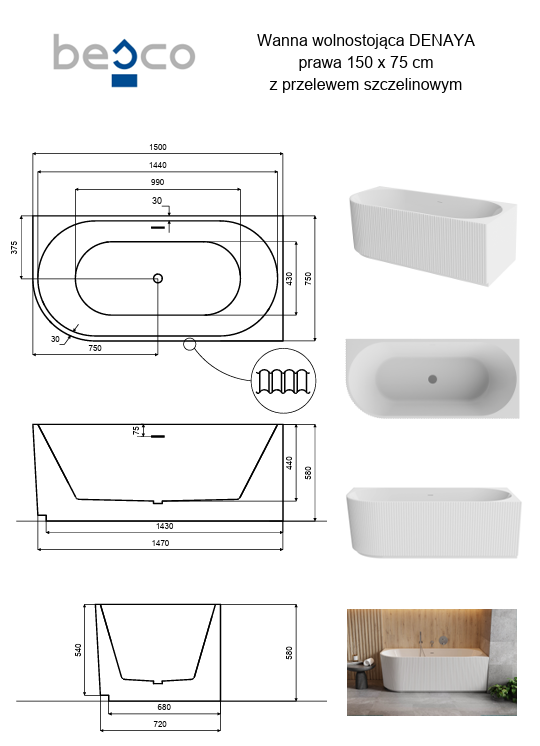 BESCO Wanna wolnostojąca przyścienna Denaya B&amp;W 150x75 Prawa + syfon chrom #WASB-150DPC