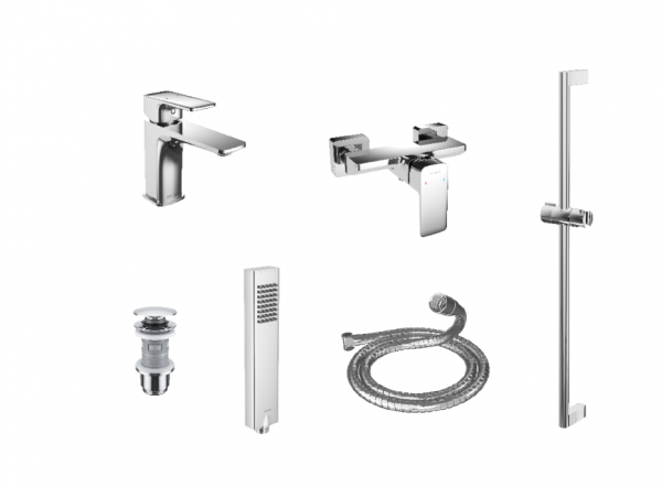 EXCELLENT Keria Zestaw promocyjny Keria set 03 chrom bateria umywalkowa, bateria prysznicowa natynkowa, korek umywalkowy klik-klak, słuchawka prysznicowa Tor z wężem Regular oraz drążek prysznicowy ZEPR.0124.11