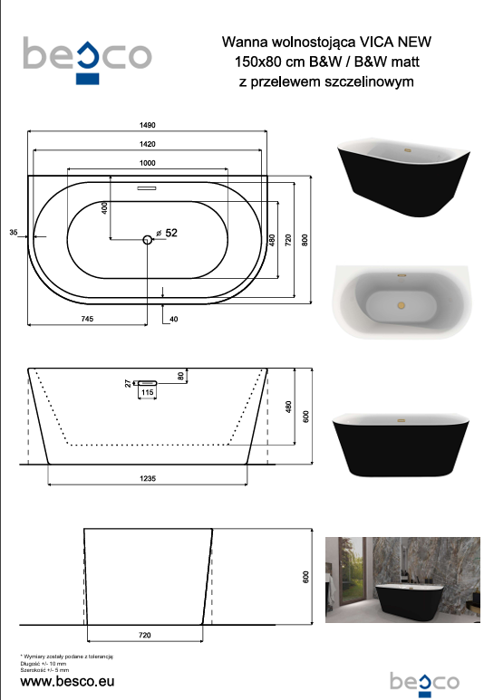 BESCO Wanna wolnostojąca Vica New B&amp;W 150 + klik-klak biały z przelewem slim #WAS-15VNBBI
