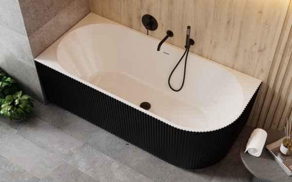 BESCO Wanna wolnostojąca przyścienna Denaya B&amp;W 150 Prawa + maskownica odpływu biała #WASB-150DPW
