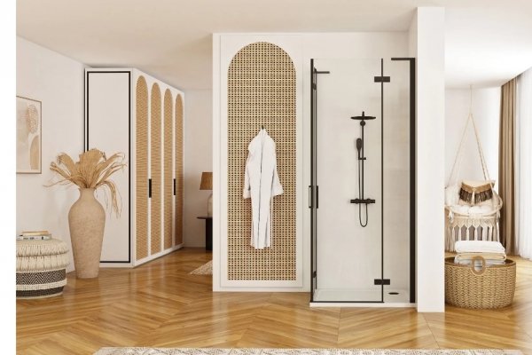 REA - Kabina narożna - drzwi podwójne prysznicowe składane, łamane HUGO DOUBLE 90x90 Black / Czarne 