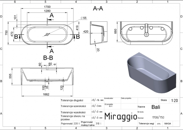 MIRAGGIO Wanna BALI szara Full RAL 7016 170x75