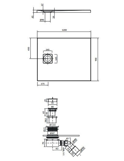 CERSANIT - Set C254 : brodzik prostokątny TAKO Slim 120x90x4,5 szary mat + syfon  S208-001