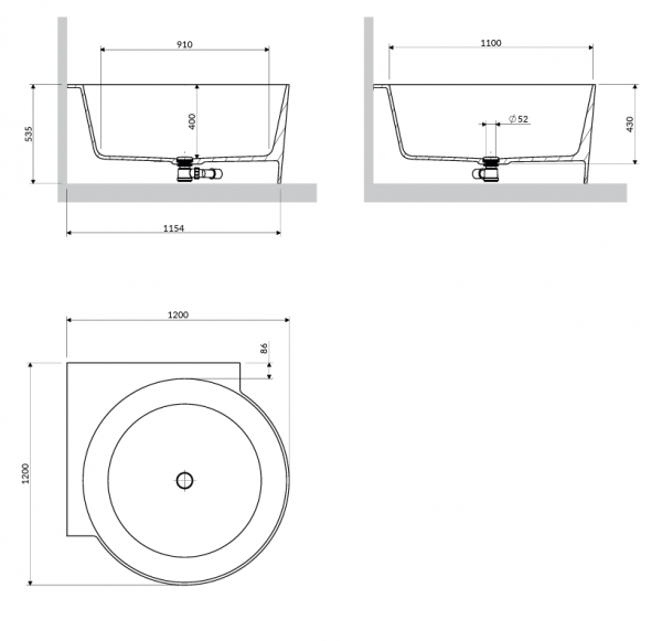 OMNIRES wanna narożna okrągła, 120 x 120 cm OVO M+ black lava mat OVO120WNBLV