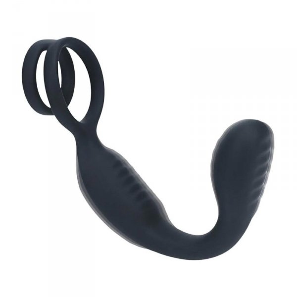 Vibrating Silicone Prostate Stimulator with Cock and Ball Ring - Black