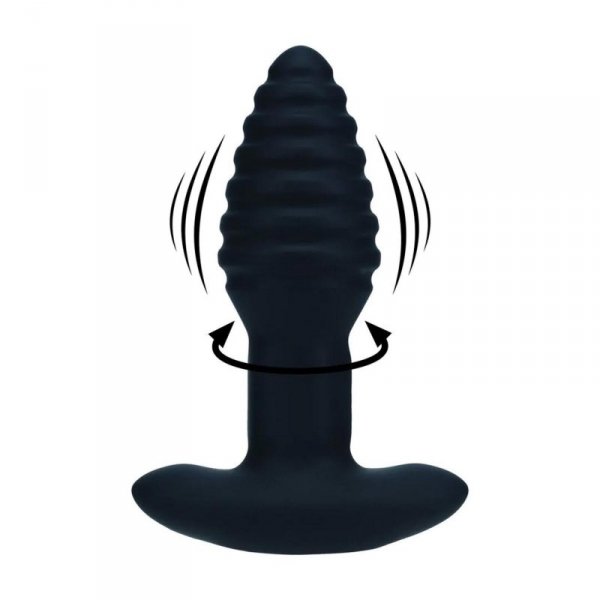 Vibrating and Rotating Ribbed Silicone Anal Plug - Black