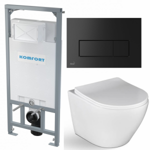 Stelaż WC + Przycisk czarny + Miska WC wisząca bez kołnierza DESNA + deska duroplast wolnoopadająca SLIM