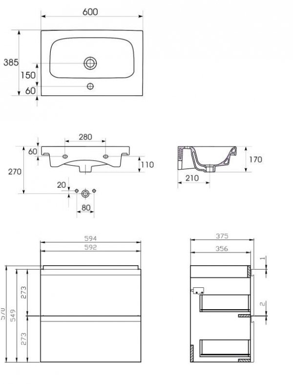 Zestaw szafka z umywalką MODUO SLIM 60 biała + Bateria czarna + Korek + Syfon